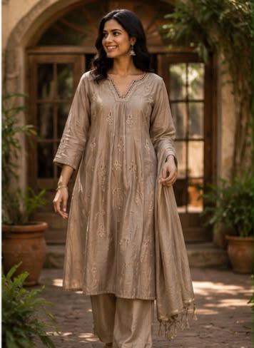 Champagne Beige Embroidered Cotton Blend Suit Set with Tassel Dupatta