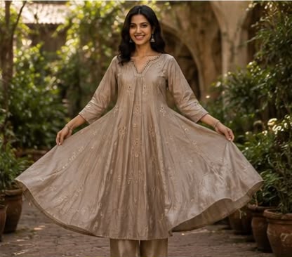 Champagne Beige Embroidered Cotton Blend Suit Set with Tassel Dupatta