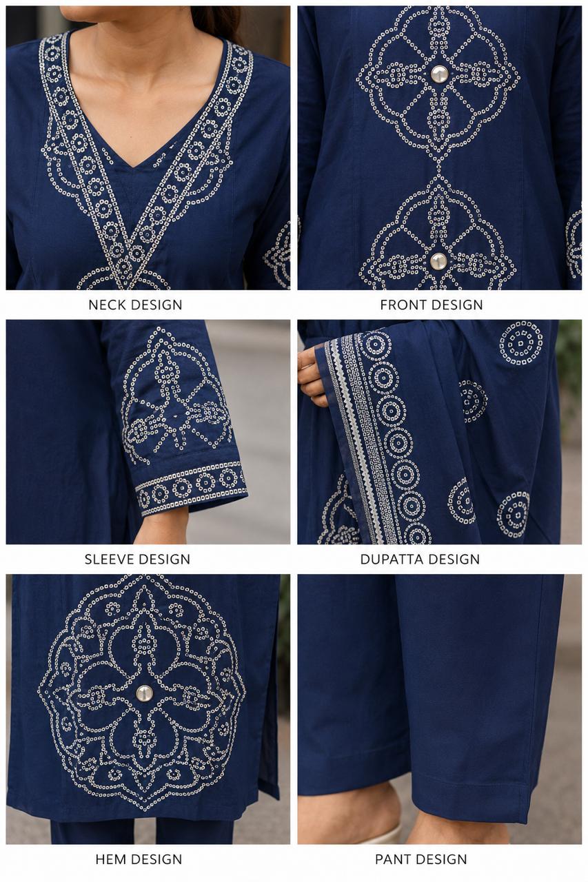 Midnight Blue Handblock Printed Cotton Kurta Set with Dupatta