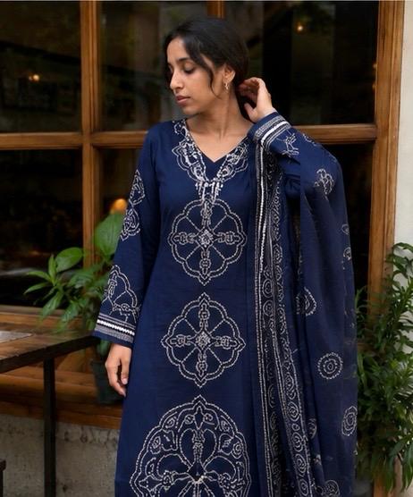 Midnight Blue Handblock Printed Cotton Kurta Set with Dupatta