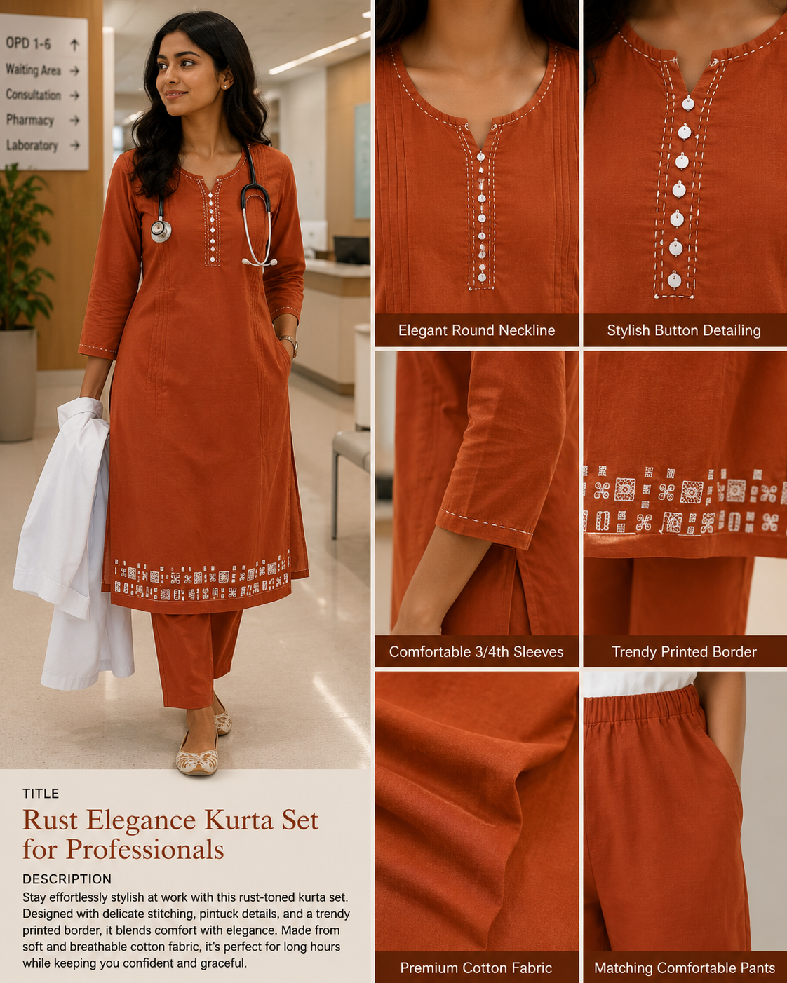 Rust Cotton Office Wear Kurta Set