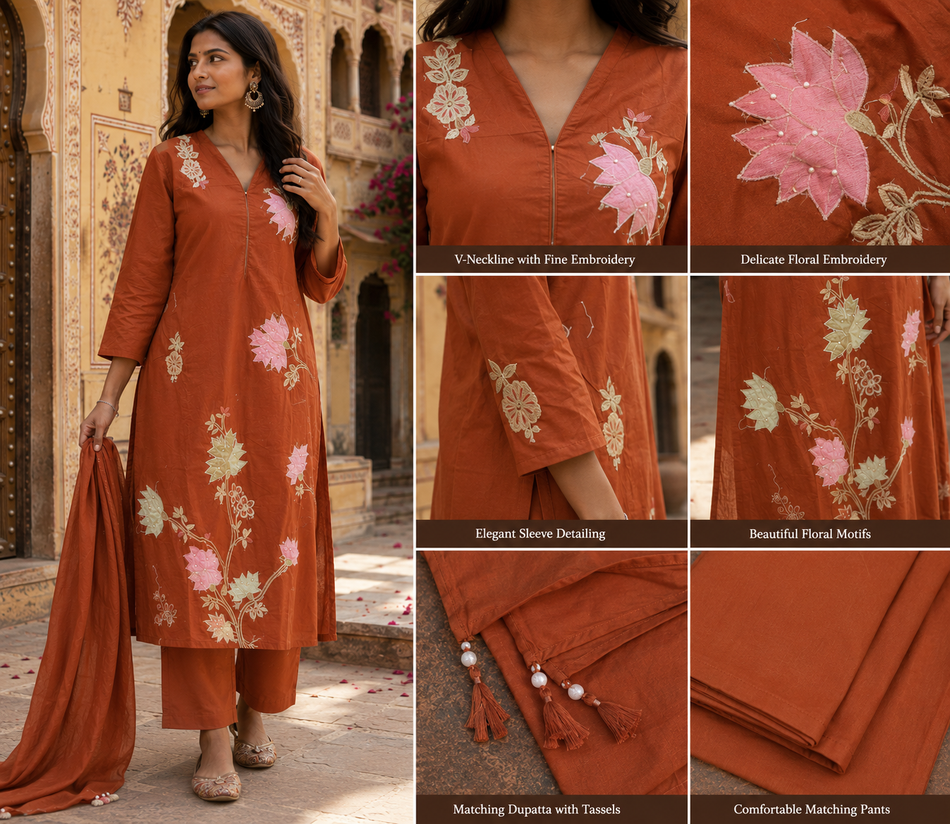 Rust Bloom Embroidered Kurta Set