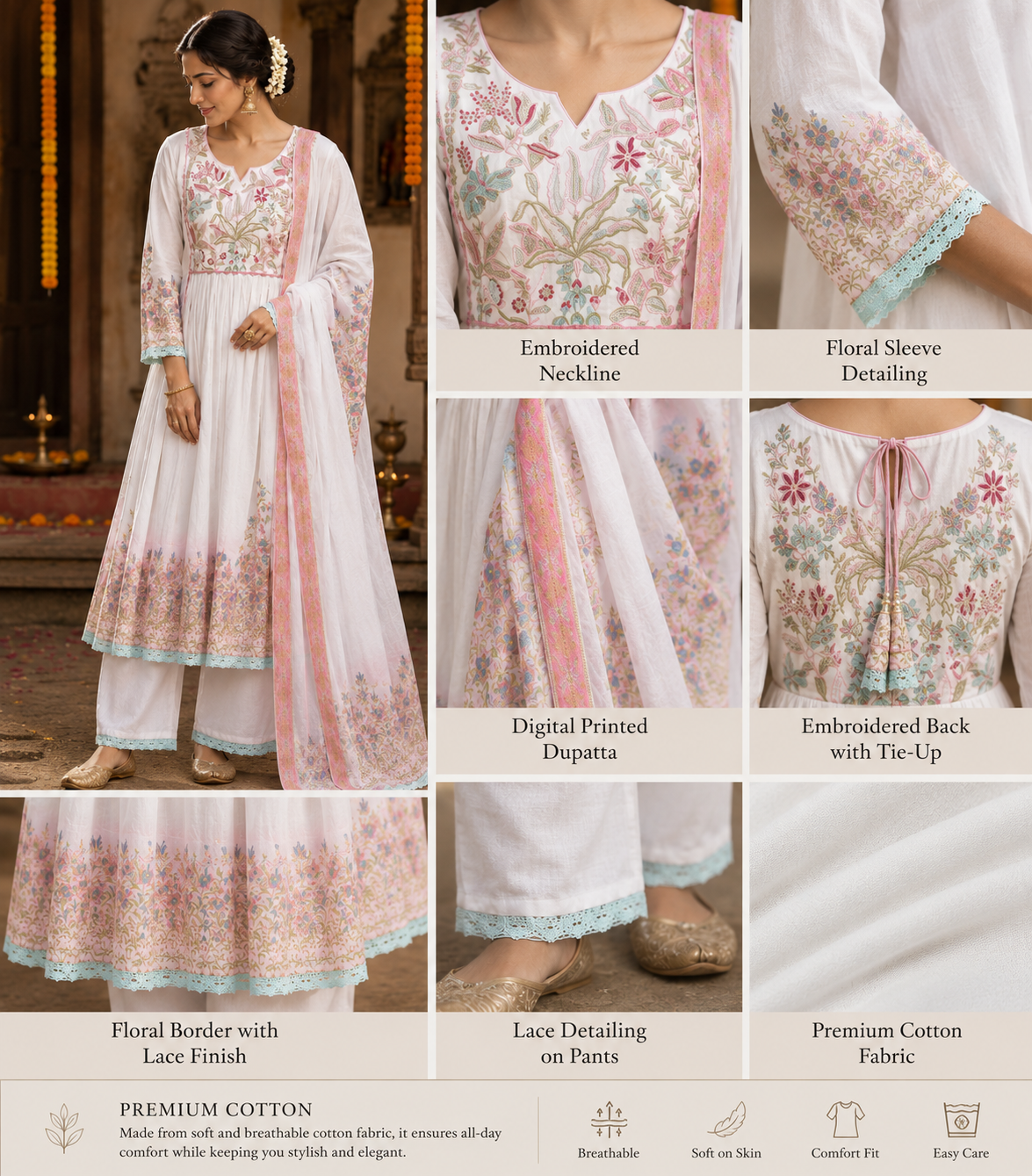 Ivory Blossom Cotton Anarkali Suit Set