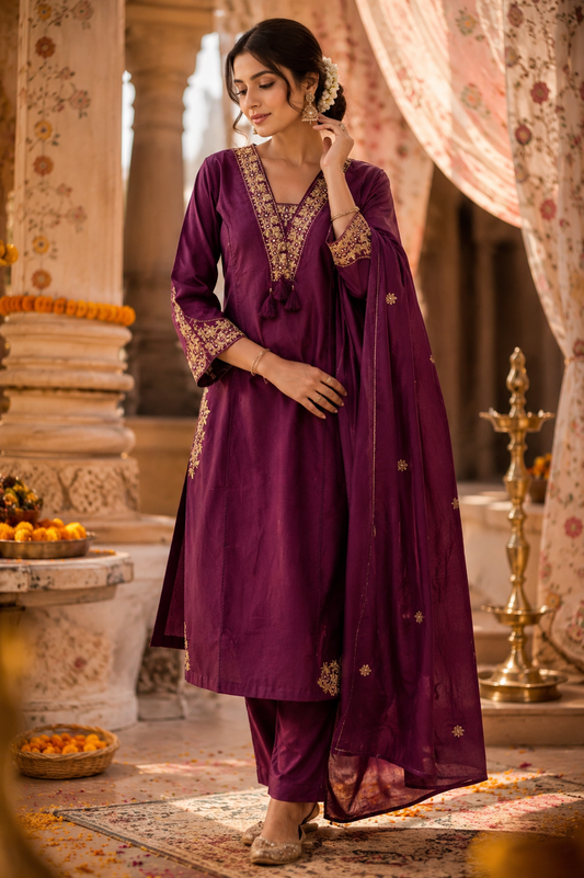 Noor Wine Embroidered Kurta Set ✨