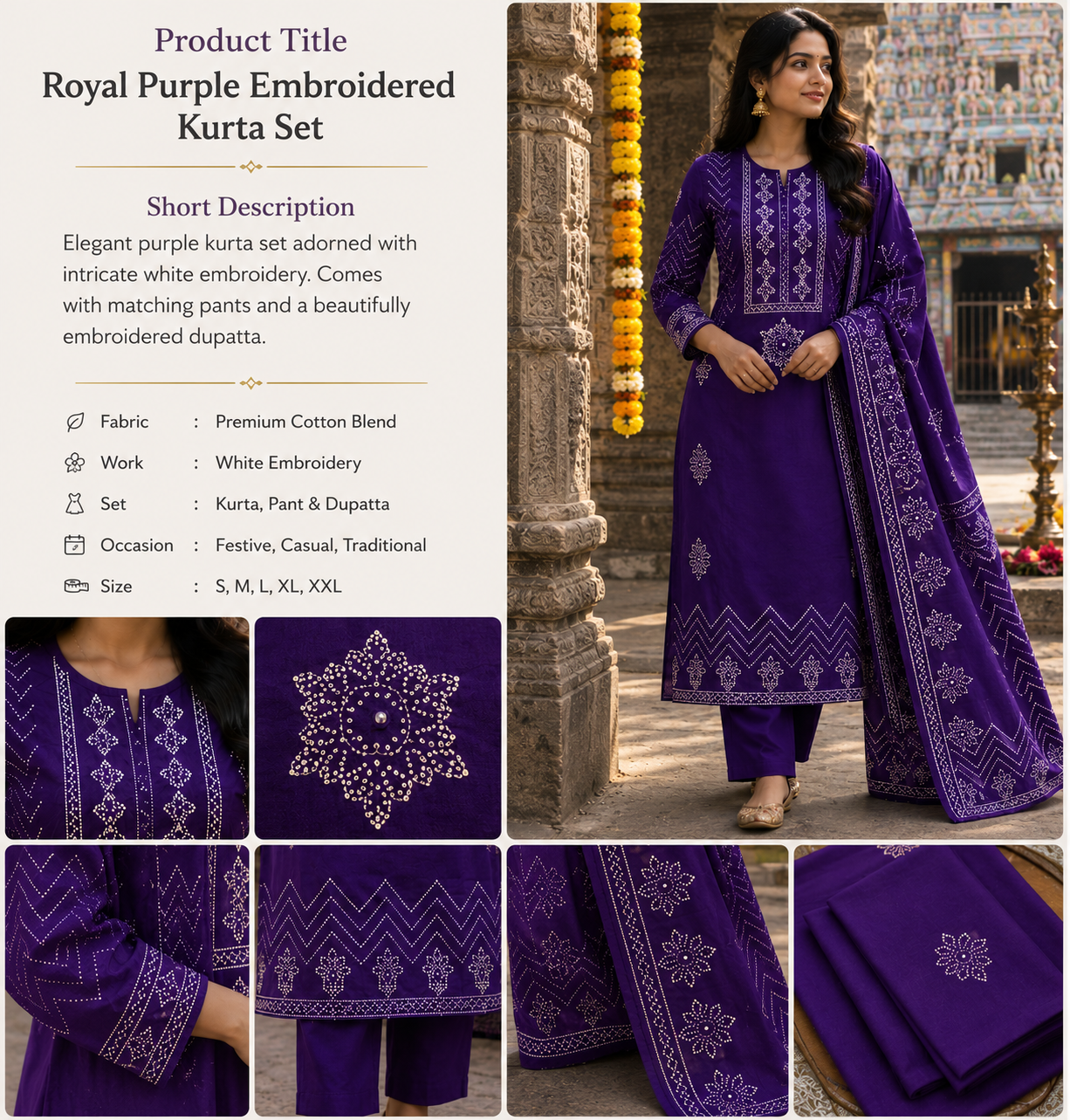 Royal purple embroidered kurta set